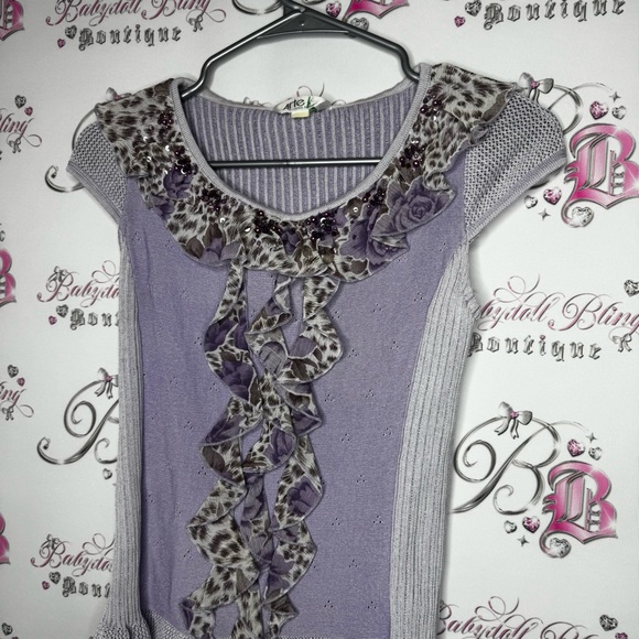 Arte shirt purple cheetah print beaded embroidery ruffle frills stretchy y2k - Picture 2 of 12